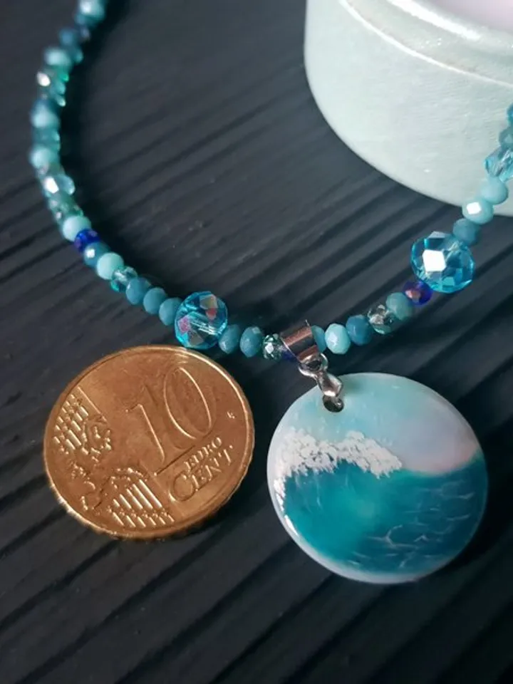Wave necklace, surfer jewelry, sea wave miniature painting on pearl pendant