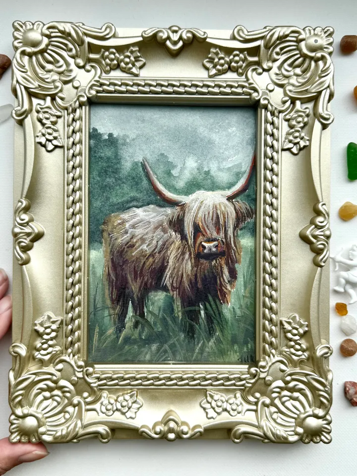 Framed Cow Gouache Painting Original Young Calf Art Framed Animals Decor Dark Cottagecore Art