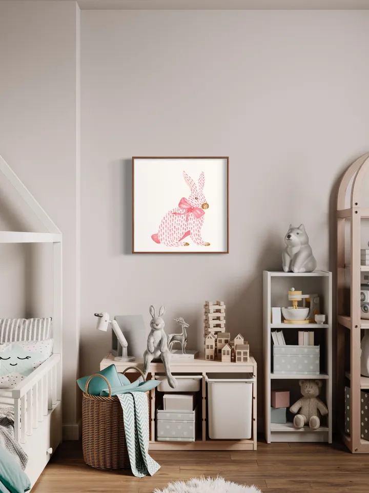 Pink Rabbit and Bow Painting, Watercolor Bunny Print, Pink Bow Art, Chinoiserie Wall Art, Nursery Wall Print, Girls Room Decor, Asian Print