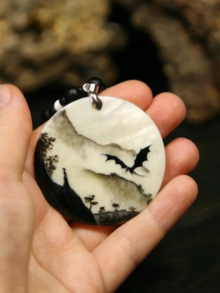 Dragon necklace. Miniature painting of dragon on mother of pearl pendant