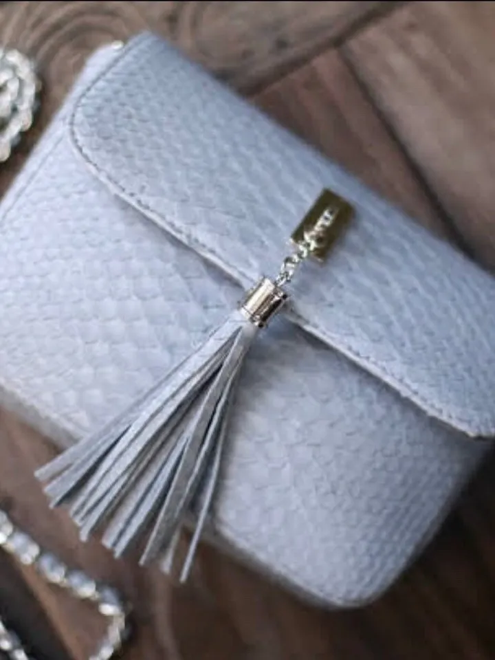 Genuine Python Skin Light Gray Tassel Bag | Leather Crossbody Bag | Clutch Bag | Women Summer Bag | Handmade Bag Grey Detachable Chain Bag