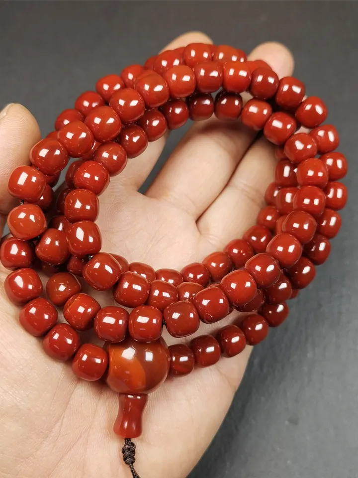 Gandhanra 108 Tibetan Mala, 0.4" Red Agate Prayer Beads Necklace,Tibetan Rosary for Meditation,Circumference 39"