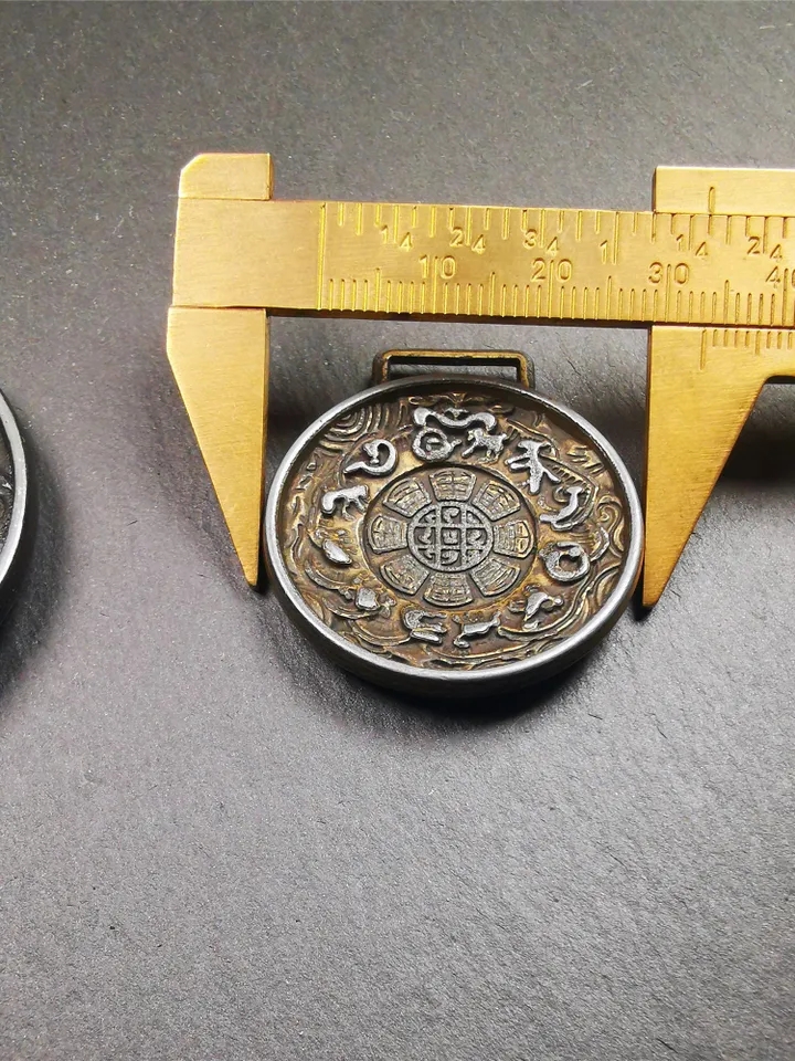 Gandhanra Vintage Tibetan Buddhist Amulet,Melong Mirror, SIPAHO(srid pa ho),Jiugong Bagua Badge,made of Copper,Couple Set of 2 Badges