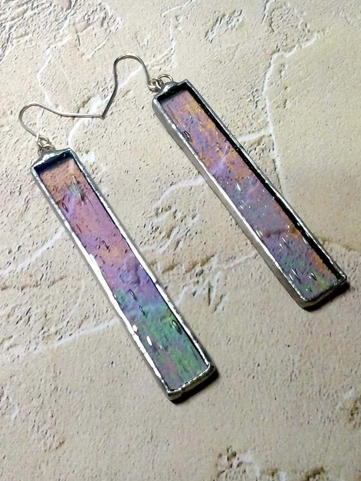 Iridescent stained glass, clear earrings, cute rectangle earrings, dichroic earrings, duochrome earrings