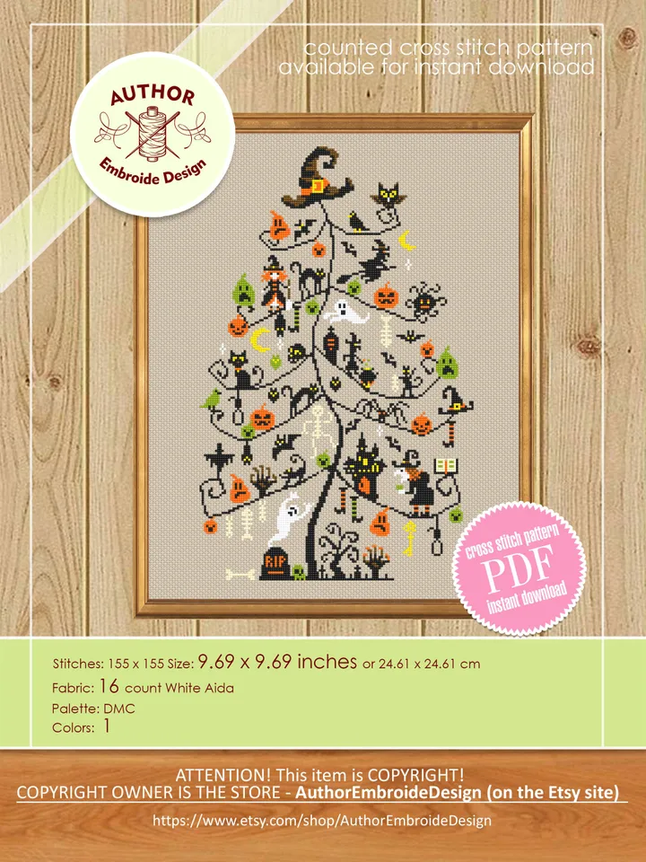 Halloween Christmas tree cross stitch pattern PDF download Witch cross stitch chart, Halloween pattern digital PDF Scary Christmas gift #H68