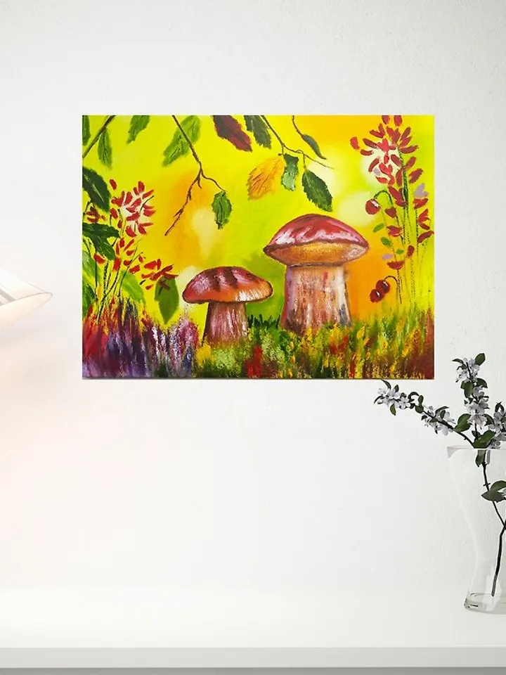 Autumn Landscape Mushroom Art Decor for Children Original Oil Painting Bright