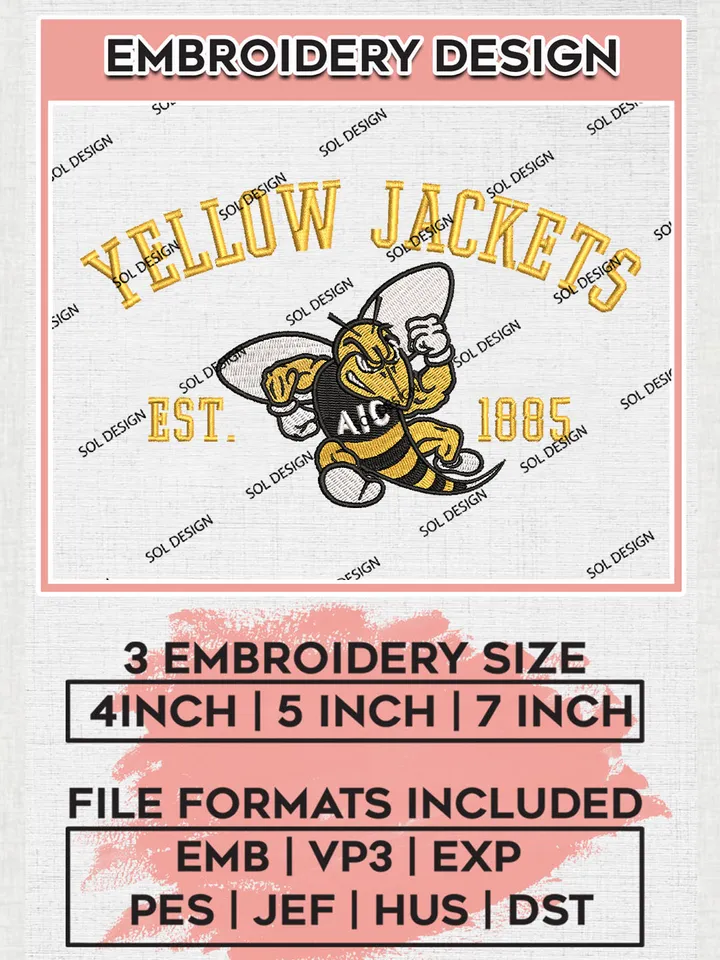 NCAA AIC Yellow Jackets Est 1885 Team Logo Embroidery Design Files, NCAA AIC Yellow Jackets Machine Embroidery, NCAA Teams, 3 sizes, NCAA Machine embroidery designs, Digital Download