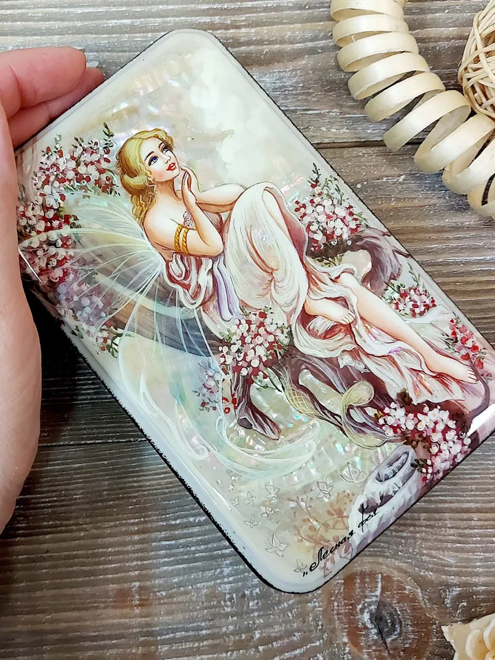 Beautiful Russian Lacquer Box "Forest fairy" Hand painted miniature painting jewelry box Mother of pearl Papier mache Art gift Fedoskino