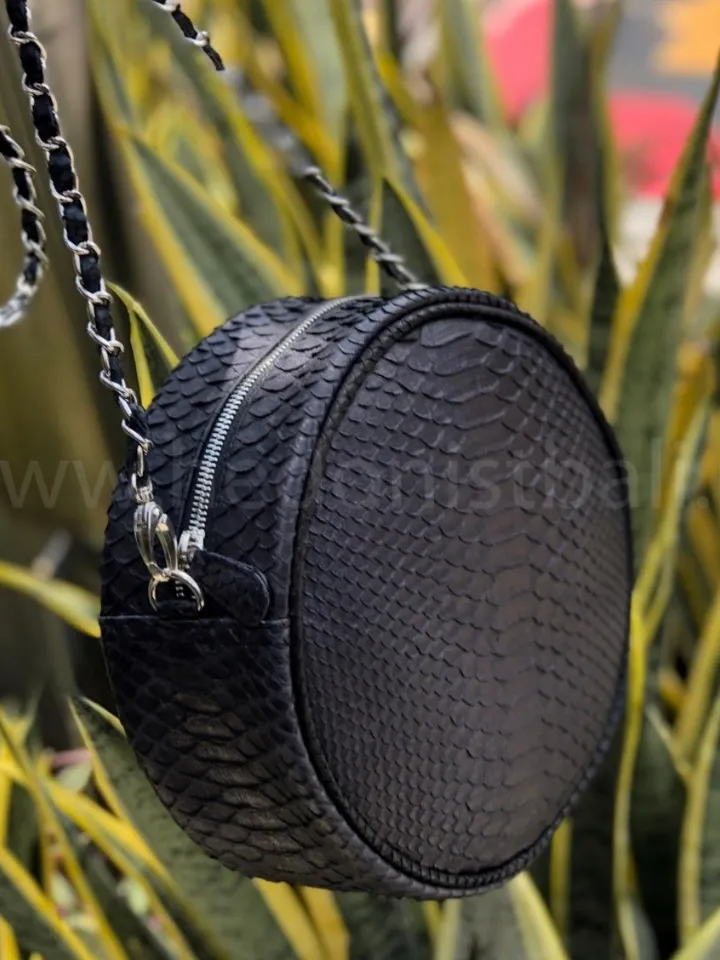 Genuine Python Skin Black Round Crossbody Chain Bag | Round Bags | Exotic Leather Bags | Classy Women Leather Snakeskin Bag | Designer Bag