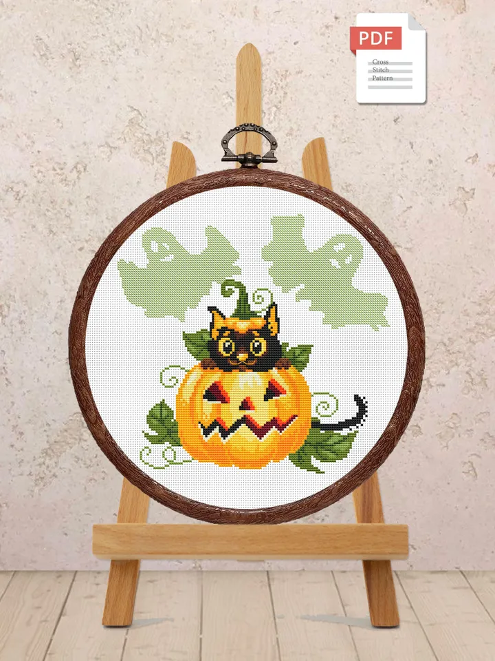 Happy Halloween Cross Stitch Pattern, Halloween Cat Cross Stitch Pattern, Pumpkin Cross Stitch Pattern, Cat in the Pumpkin #hld001