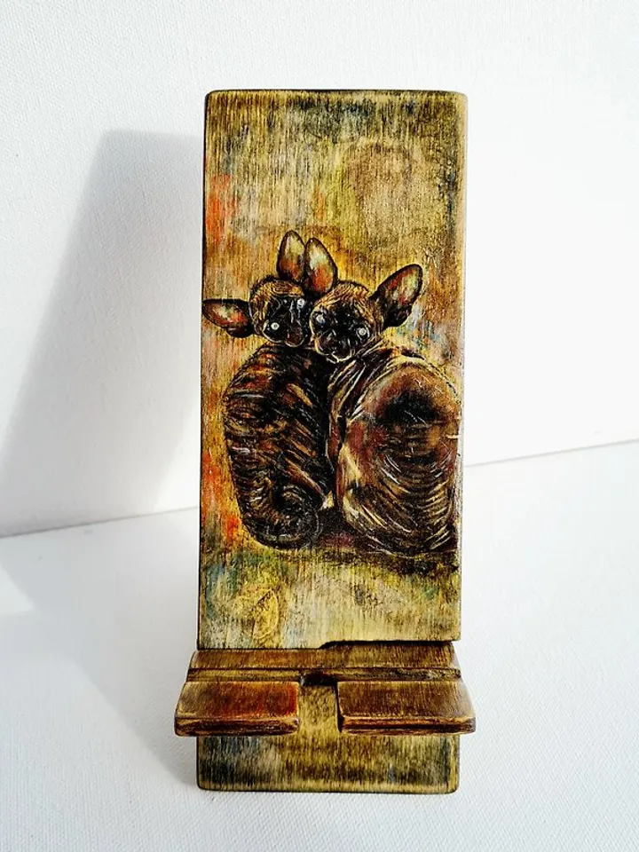 Cat phone holder Original painting on wood Cell phone holder Two Sphinx cat art