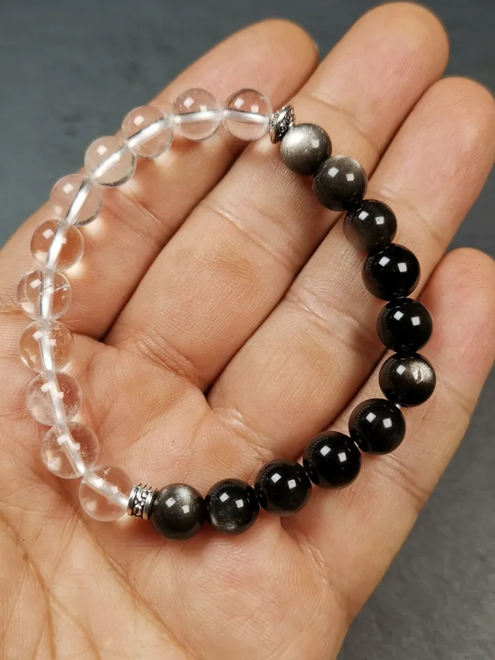 Gandhanra Handmade Tibetan Obsidian + Crystal Wrist Mala, 0.3" Prayer Beads Bracelet,7.5 inches Circumference