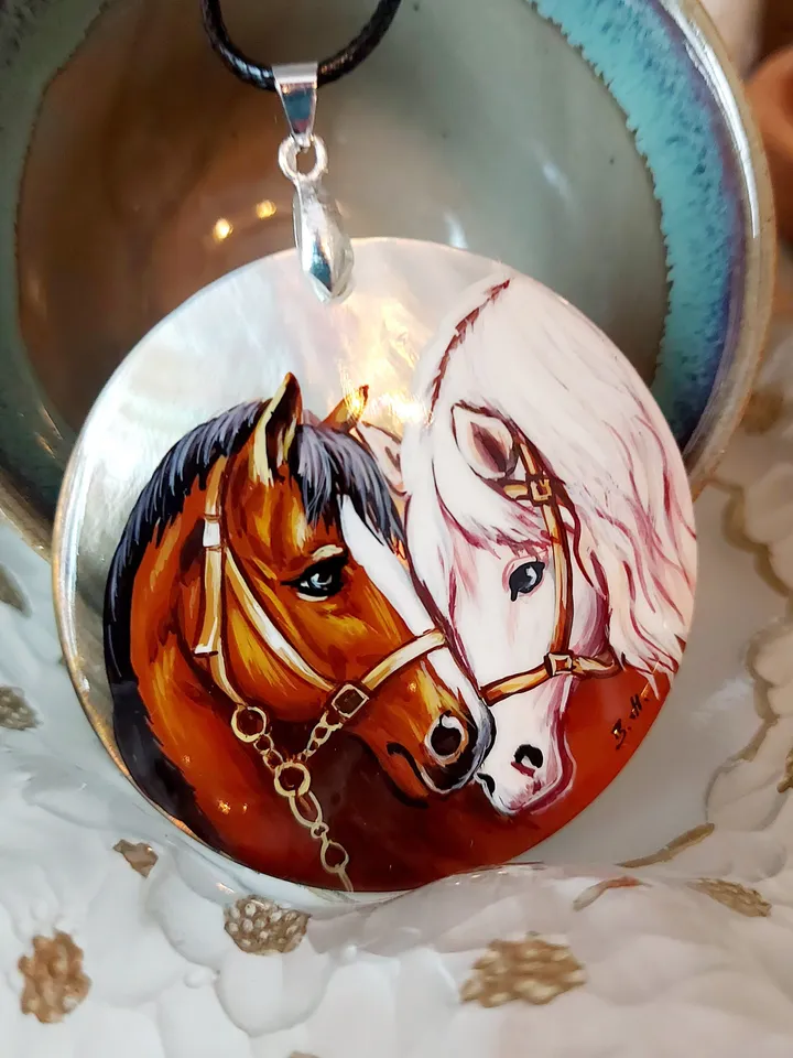 Pearl pendant necklace: Gentle pair of horses in love on handmade jewelry pendant • Dainty gift for nature lover • Elegant pendant for her