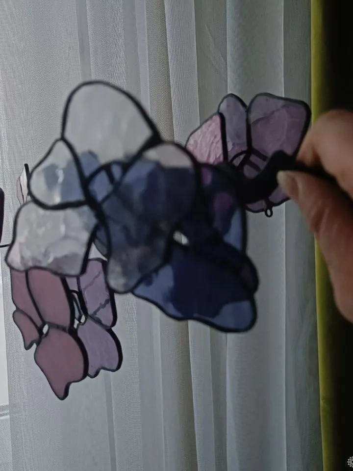 3D Pink and Purple Stained Glass Branch, 3D Pink and Purple Stained Glass Branch, Pink-Purple Floral Branch in 3D Stained Glass, 3D Stained Glass Blossom Branch in Rose and Violet, Handcrafted 3D Stained Glass Flowering Twig, Rose-Violet Glass Flower Stem