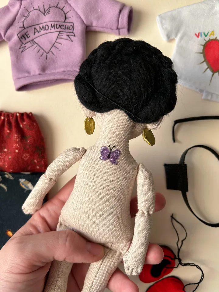 Textile art doll inspired by Frida Kahlo
