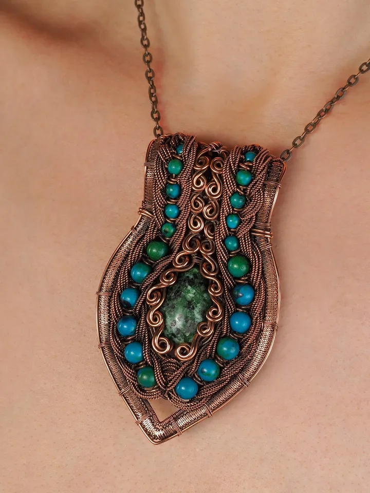 Zoisite and Chrysocolla Pendant Wire wrap copper necklace Handmade artisan jewelry