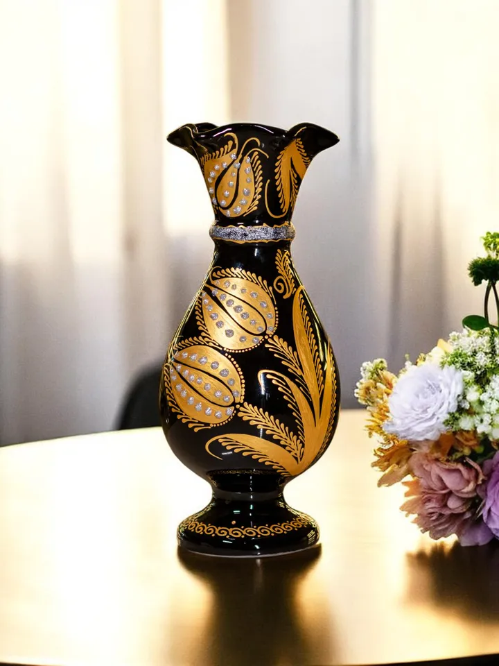 Vase For Flowers | Hand-Embellished Floral Design | Stylish Contemporary Home Decor | Decorative Black Flower Holder