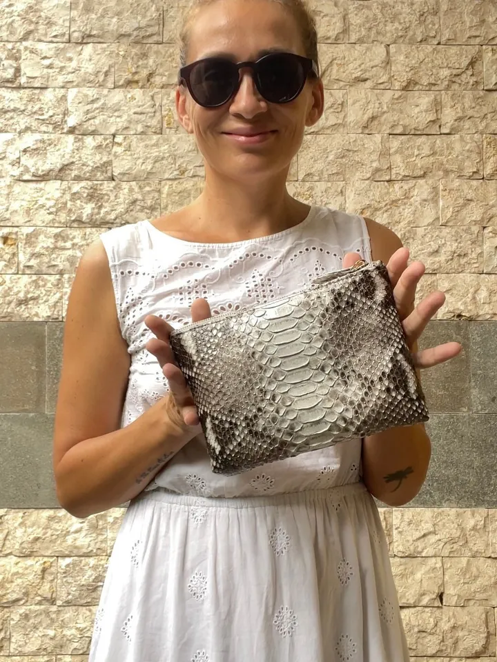 Genuine python skin grey cosmetic bag/ Purse Insert Organizer/ Bag Insert For Tote Bag/ exotic leather wallet / small snake skin clutch
