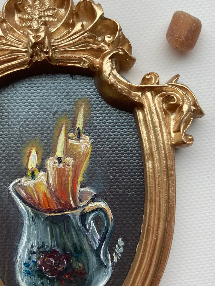 Candle Oil Painting Original In Vintage Style Frame Small Framed Still Life Art