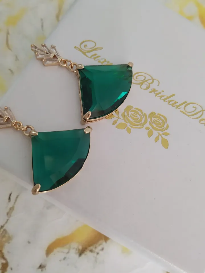Art Deco Earrings, Statement Earrings, Gold Emerald Green Earrings, Fan Earrings, Statement Earrings, Boho Bridal Earrings, Bridal Jewelry