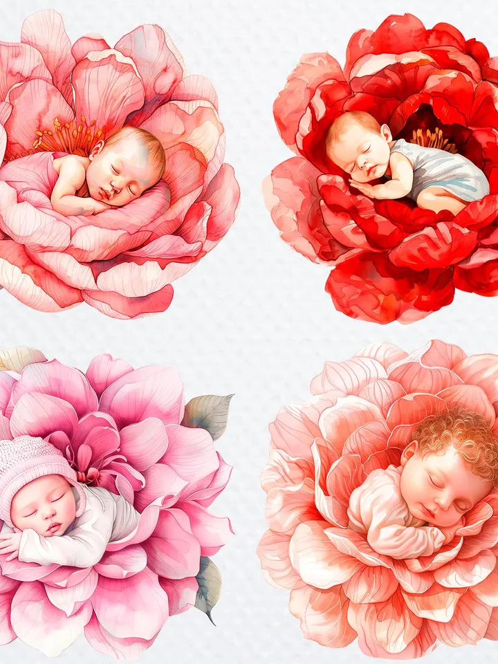 12 Baby in Flowers PNG Bundle, Baby Shower Printable Watercolor clipart for sublimation, High Quality PNG, Digital Paper craft, junk journal