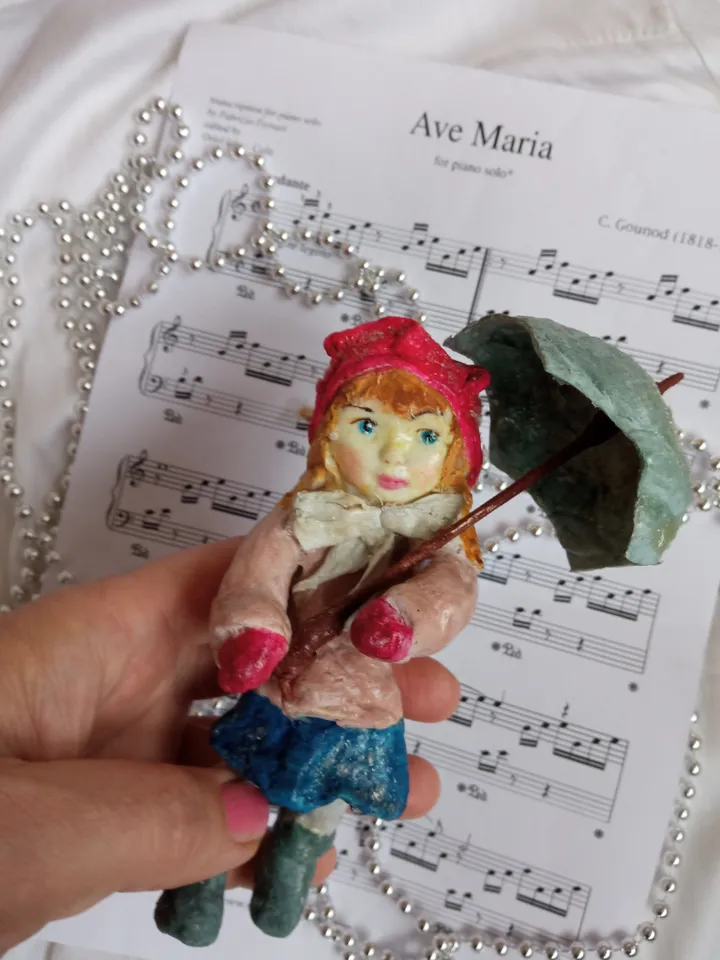 Vintage-Inspired Cotton Toy: Girl with Umbrella - Handmade Collectible. Art doll. Christmas tree toy. Christmas ornaments Spun cotton doll.
