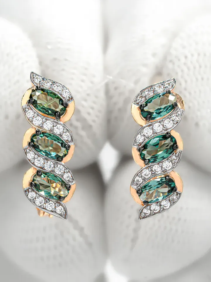 Earrings jewelry Silver gold plated 925 assay value with tourmaline and cubic zirconia