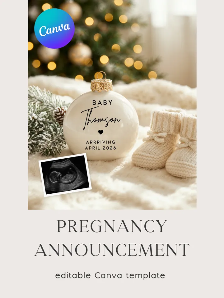 Christmas Pregnancy Announcement Canva Template | Baby Reveal | Editable Digital Download
