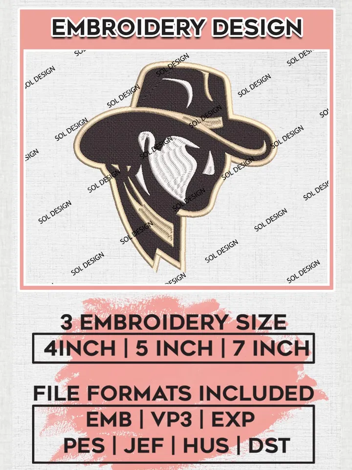 Wyoming Cowboys Head Logo Embroidery Design Files, NCAA Wyoming Cowboys Team Embroidery, NCAA Cowboys, 3 sizes, Machine embroidery designs, Digital Download
