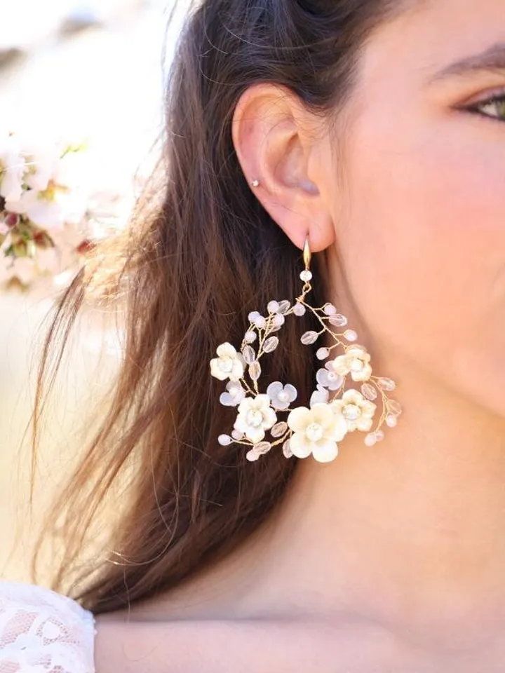 Porcelain Flowers Hoop Bridal Earrings, Champagne Gold Floral Wedding Jewelry, Statement Crystal Bridal Earrings, Statement Wedding Earrings