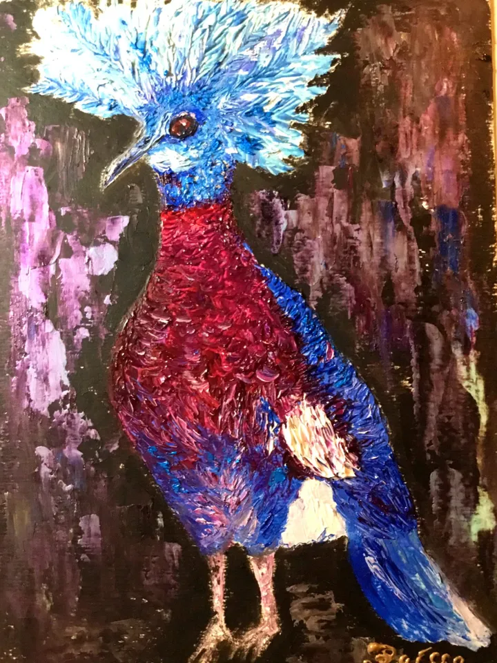 Pigeon oil painting ,Original impasto oil painting,Funny bright pigeon bird with a crown
