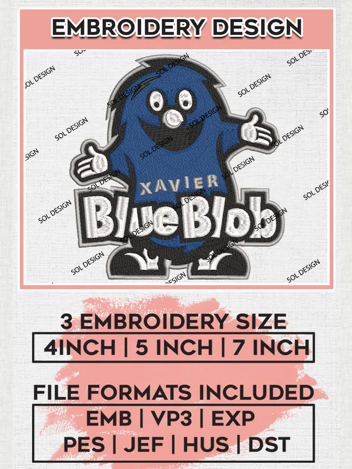 NCAA Xavier Blue Blob College Team Funny Mascot Logo Embroidery Design Files, NCAA Xavier Musketeers Machine Embroidery, NCAA Teams, 3 sizes, NCAA Machine embroidery designs, Digital Download