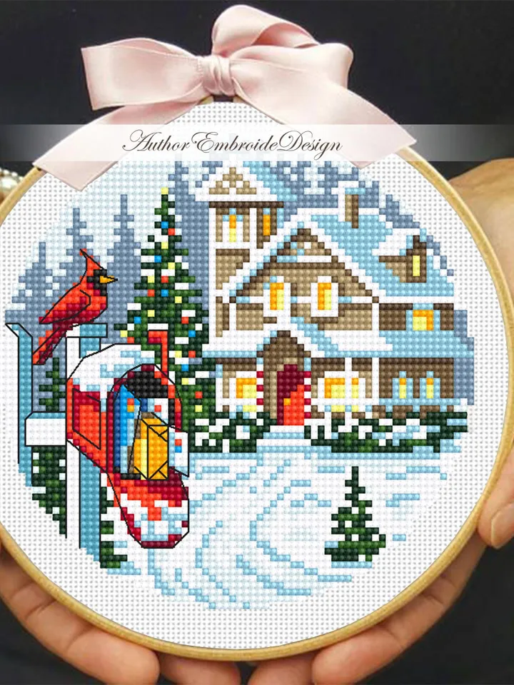 Christmas mailbox cross stitch pattern PDF download Winter landscape cross stitch, Merry Christmas pattern digital PDF Christmas house #N172