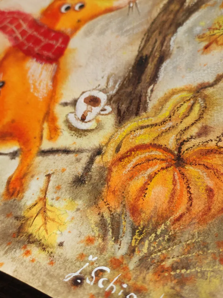 27×27cm Artwork by Julia Schigal "The Warm Autumn" - watercolor, gouache, pastel