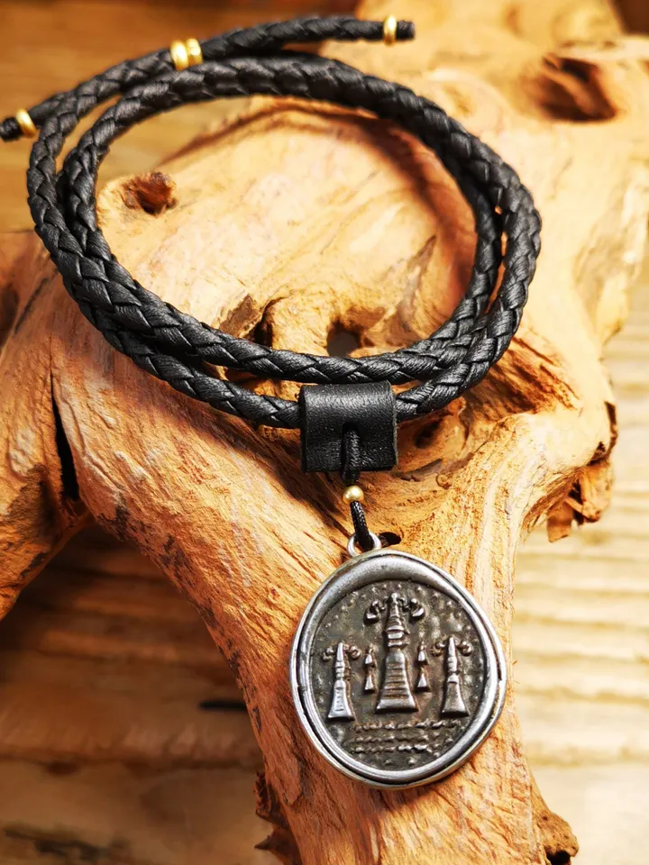 Gandhanra Antique Tibetan Buddhist Protective Pendant,Stupa,Pagoda,Buddhist Tower Amulet Badge,Made of Thokcha,inlaid with Sliver
