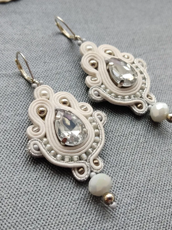Wedding Earrings, White Silver Bridal earrings, rhinestone earrings, soutache earrings