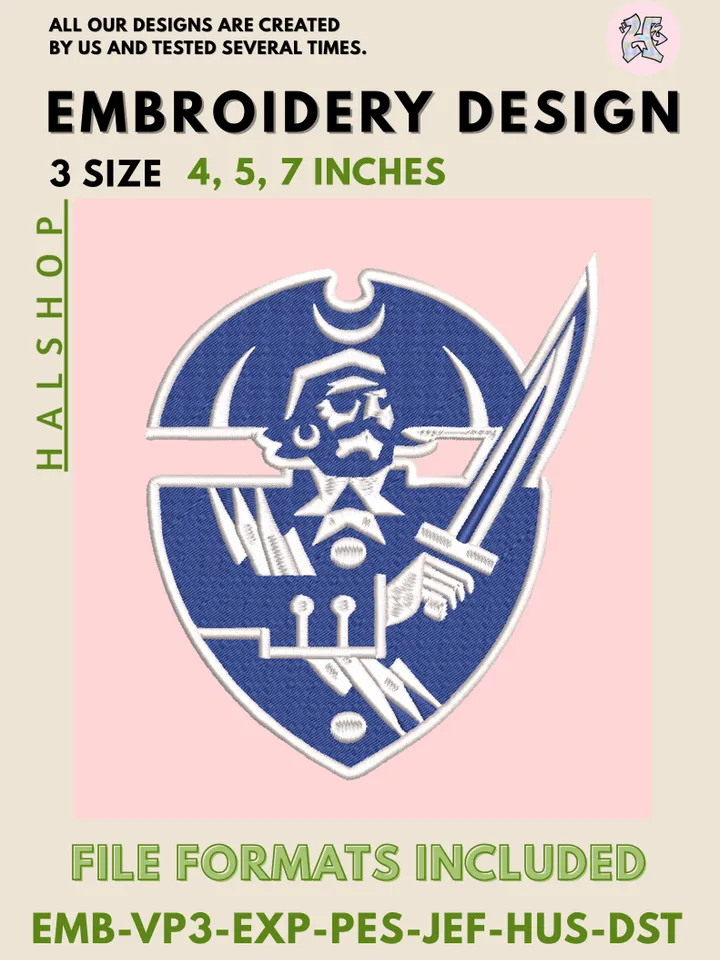 NCAA Hampton Pirates College Team Logo Embroidery Design – Classic Round Pattern, Machine Embroidery Files, Digital Instant Download