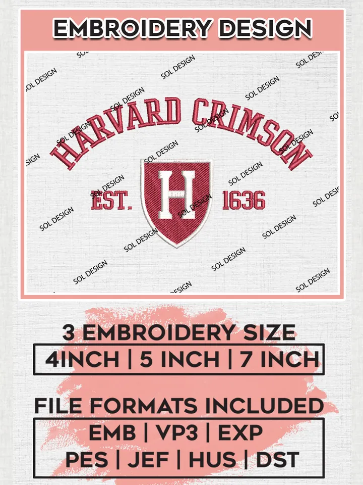 Harvard Crimson Est 1636 Embroidery Designs, NCAA Harvard Crimson Team Embroidery, NCAA Team Logo, 3 sizes, Machine embroidery Files, Digital Download