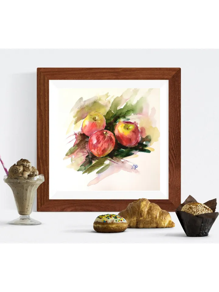 Apple Painting Fruit original art Three Red Apples watercolor wall art Apples artwork by Natalia Plotnikova