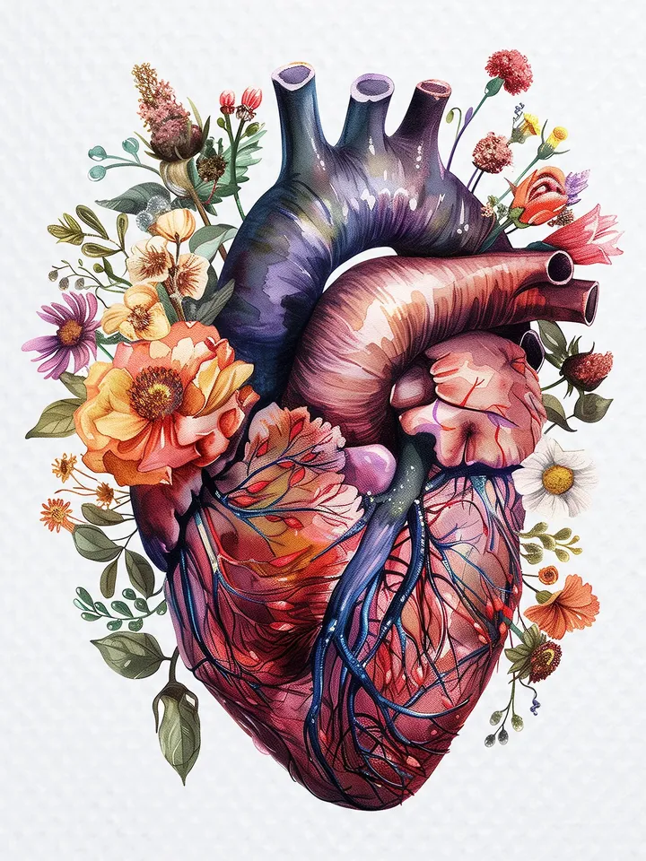 10 Floral Human Heart PNG Clipart, Printable Watercolor Anatomical Heart clipart for sublimation, Digital download, Paper craft, journals