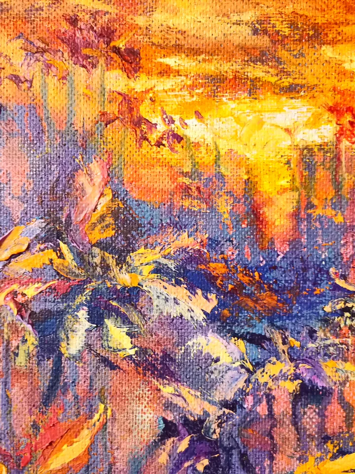Sunset Oil Painting Original Art Palm Trees Pond Tropics Artist Svinar Oksana