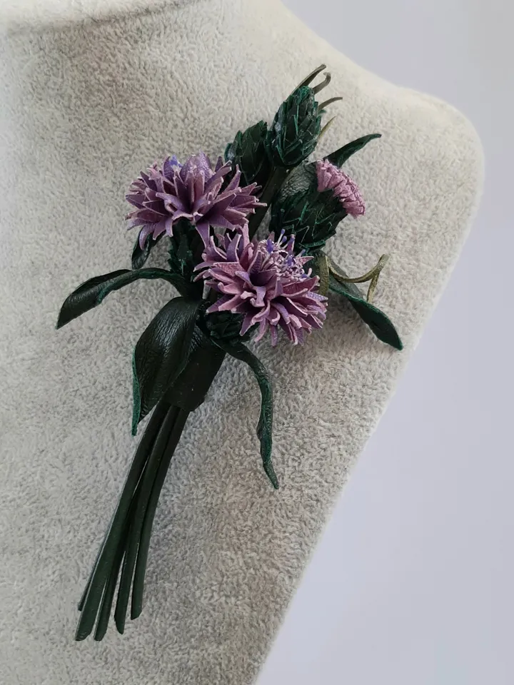 Lilac cornflower leather brooch for her, Leather jewelry, 3rd anniversary gift for wife