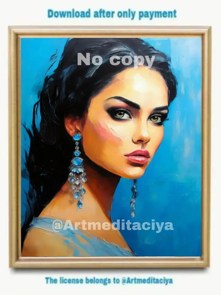 The digital abstract modern painting "Girl" in the style of oil painting on a blue background is a concise image of a beautiful brunette of European appearance with expressive green eyes and earrings with blue stones