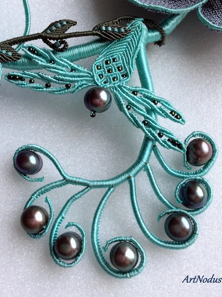 Night Dreams Floral and Dragonfly Asymmetrical Macrame Necklace