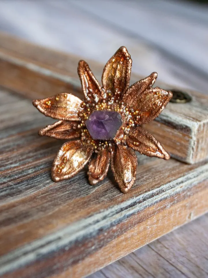 Unique handmade electroformed ring with amethyst