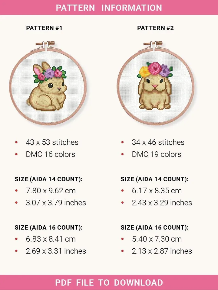 Bundle of 2 mini cute Bunny Cross stitch pattern, contemporary, Easter Rabbit, beginner counted, modern chart, DIY, embroidery, instant PDF