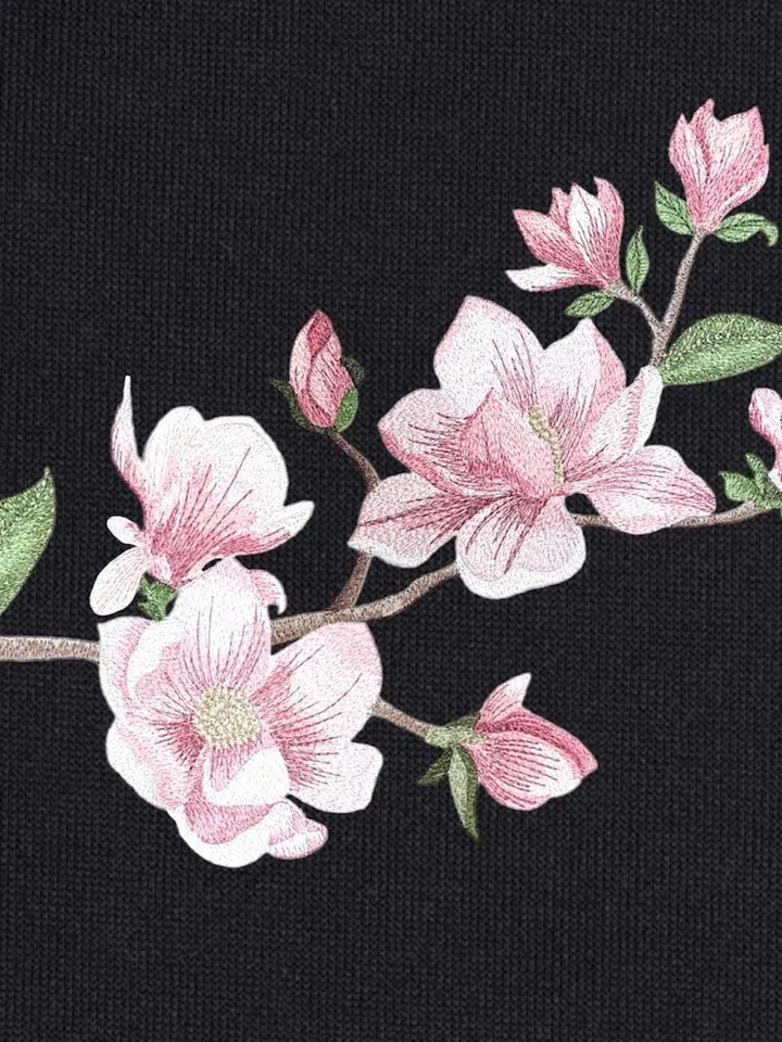 Magnolia twig in the technique of art embroidery machine embroidery design digital embroidery pattern