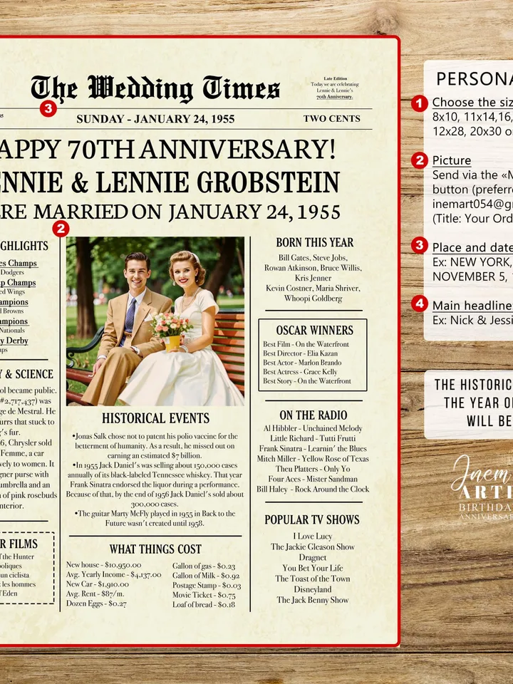 70th Wedding Anniversary Gift for Couple, 1955 Anniversary Newspaper, 70th Anniversary Decorations, Digital Printable Poster