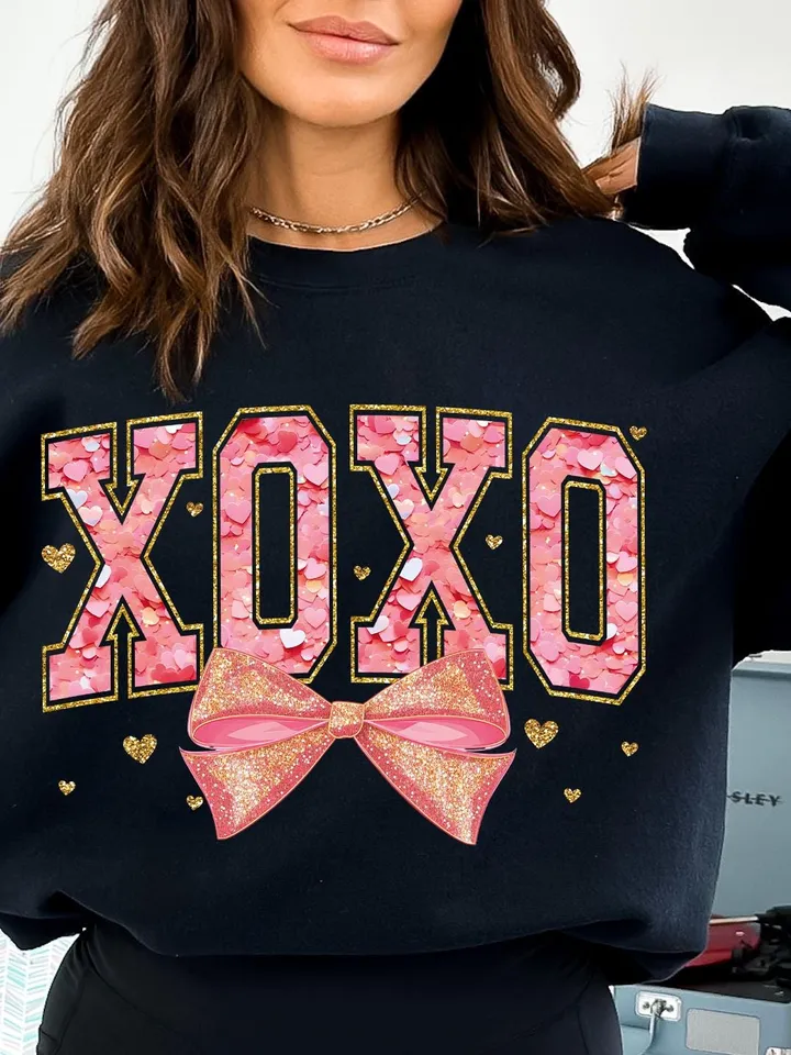 Valentine XOXO Coquette Sparkly Glitter Png, Valentines Day Shirt Design, Valentines Day PNG, Xoxo PNG, Pink Faux Sequins Valentines Png
