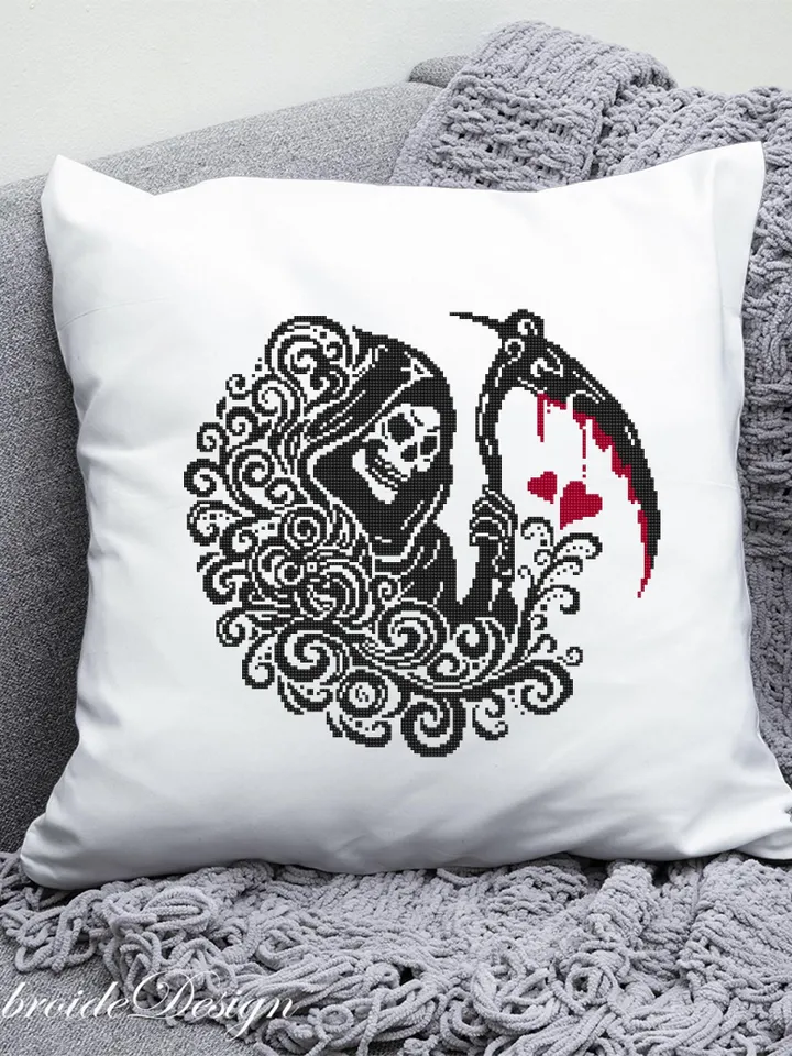 Grim reaper cross stitch pattern PDF download Gothic cross stitch chart, Gothic Halloween pattern digital PDF, Death with a scythe #H78